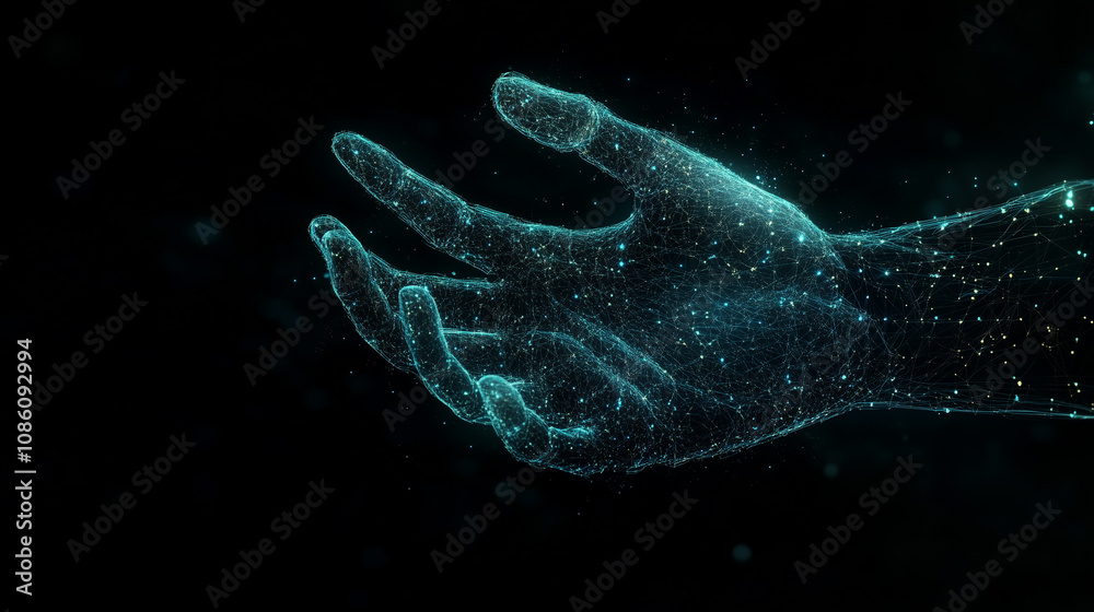 A glowing, cyan digital hand hologram is depicted against a stark black background. The hand is detailed, showing a network of points of light, creating a three-dimensional effect. Futuristic communic A glowing, cyan digital hand hologram is depicted against a stark black background. The hand is detailed, showing a network of points of light, creating a three-dimensional effect. Futuristic communic