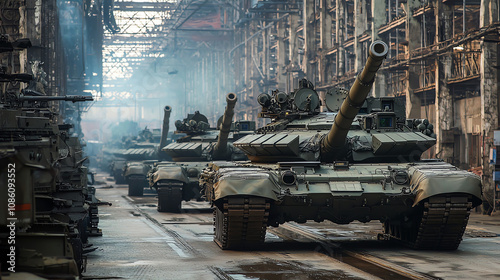 Advanced Russian arms manufacturing facility showcasing modern tanks and military vehicles in a large industrial setting
