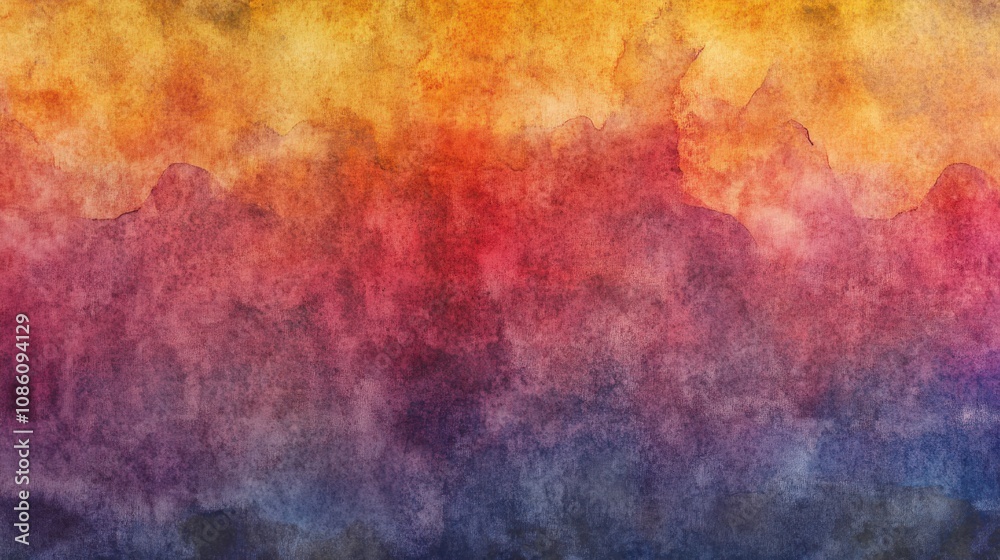 Obraz premium A vibrant abstract watercolor painting blending warm hues of orange, red, and purple.