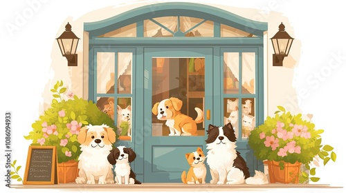 A cheerful gathering of various cartoon dogs in front of a quaint pet shop adorned with colorful flowers and a welcoming sign during a sunny day