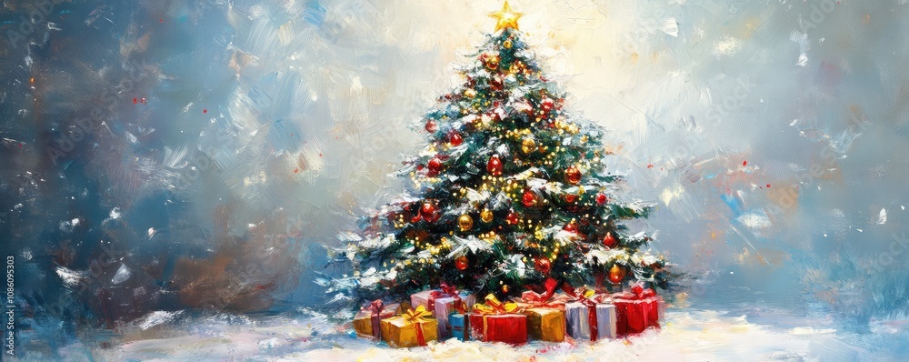 A beautifully decorated Christmas tree glowing with lights and surrounded by presents, capturing the festive spirit. A beautifully decorated Christmas tree glowing with lights and surrounded by presents, capturing the festive spirit.