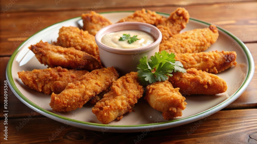 Crispy Chicken Tenders Served With Creamy Dipping Sauce on a Wooden Table. Generative AI Crispy Chicken Tenders Served With Creamy Dipping Sauce on a Wooden Table. Generative AI