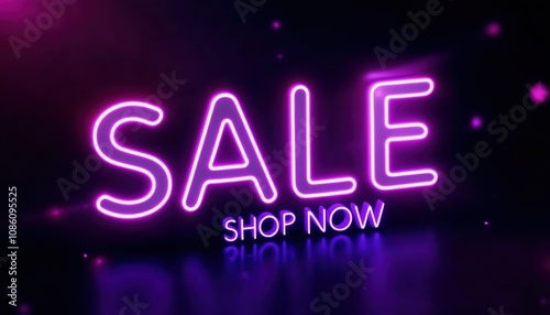 Vibrant neon sign with the word 'SALE' in glowing pink lights, urging shoppers to 'Shop Now' against a dark background, creating an energetic and trendy vibe.