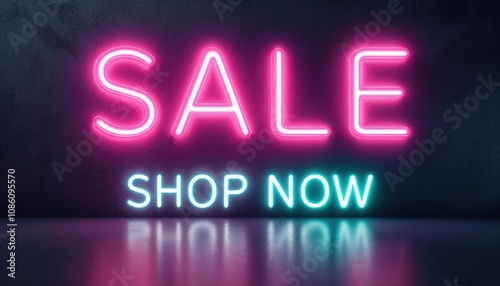 Vibrant neon sign displaying 'Sale' and 'Shop Now' inviting customers with bright pink and teal colors against a dark background.