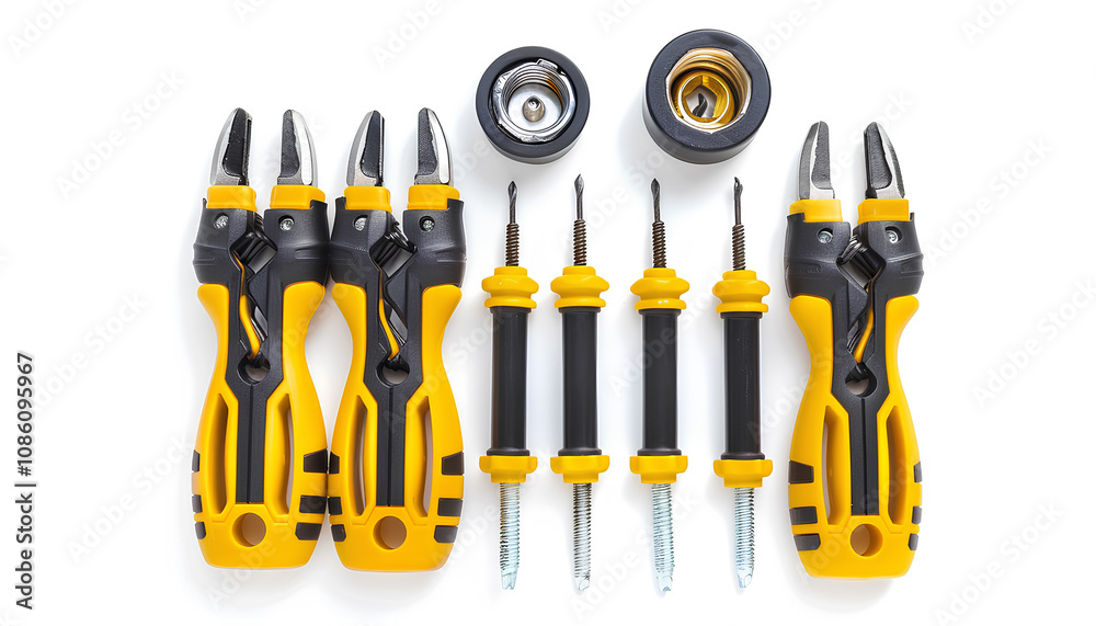 Set of sockets and electrician's tools isolated on white Set of sockets and electrician's tools isolated on white