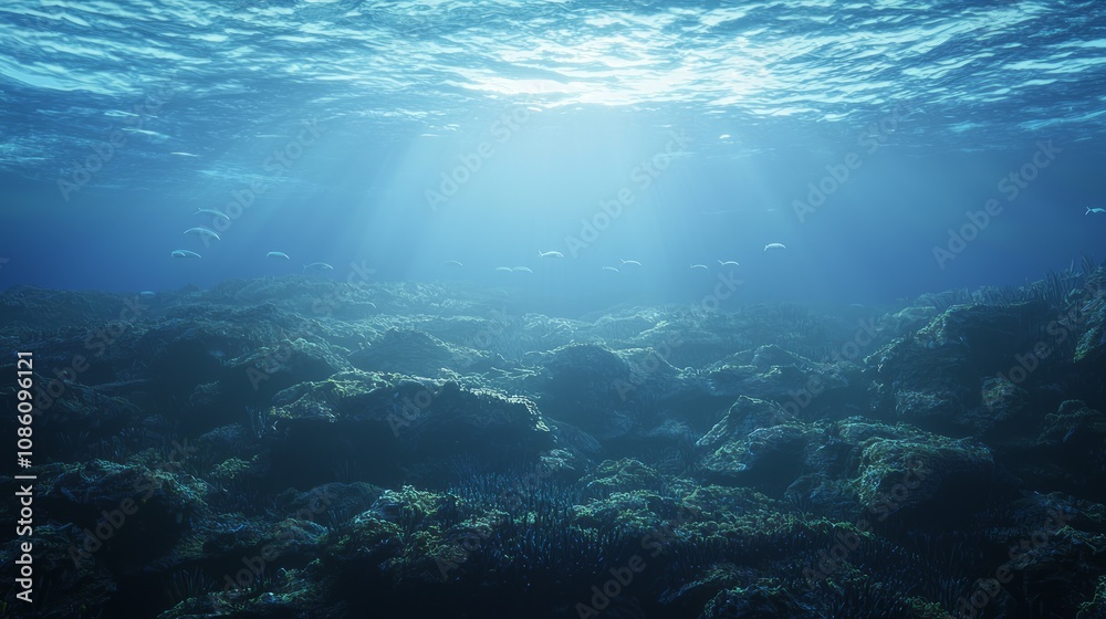 Tranquil Cambrian Ocean View at Twilight - Ultra-Detailed 3D Render Illustration of Marine Life and Serene Water Reflections Tranquil Cambrian Ocean View at Twilight - Ultra-Detailed 3D Render Illustration of Marine Life and Serene Water Reflections