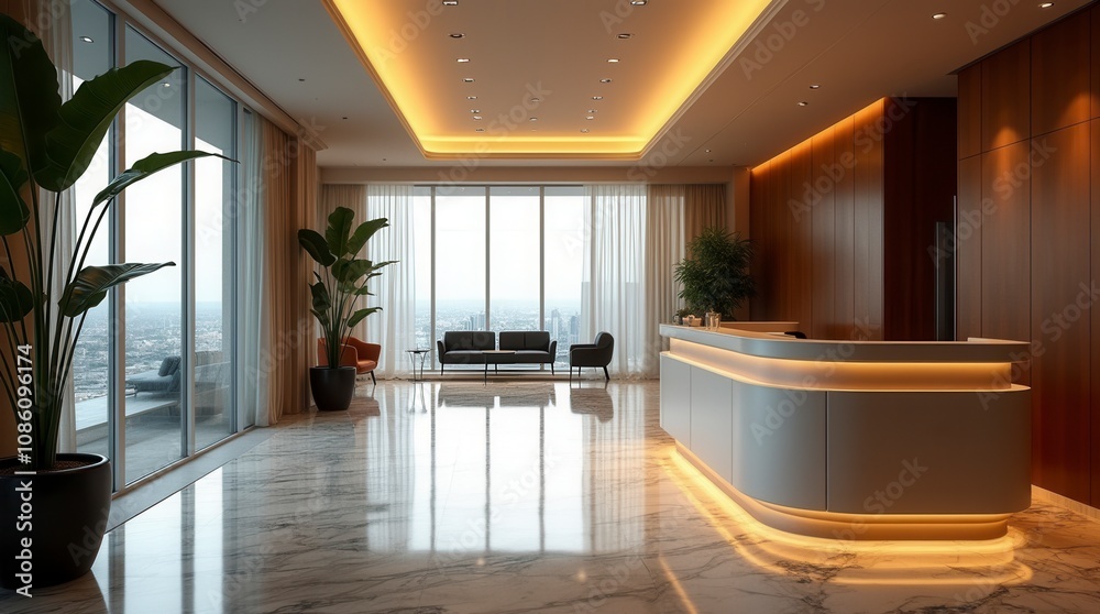 Stylish Hotel Lobby Interior with Reception Desk and Panoramic Windows Modern Hospitality Design Stylish Hotel Lobby Interior with Reception Desk and Panoramic Windows Modern Hospitality Design
