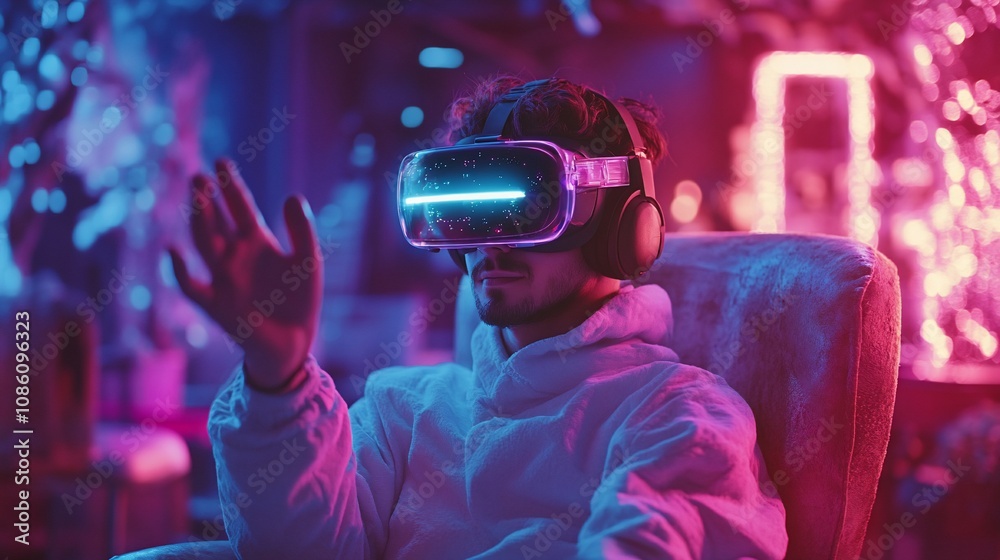 Man in VR headset interacting with virtual environment. Man in VR headset interacting with virtual environment.
