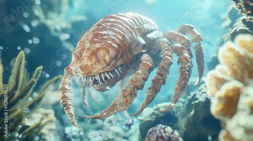 Cambrian Soft-Bodied Creature 3D Render in Vibrant Marine Habitat - Ultra-Detailed Close-Up of Ancient Sea Life Diversity photo