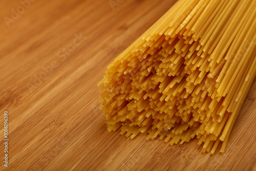 Bunch of raw spaghetti tied with string on wooden table