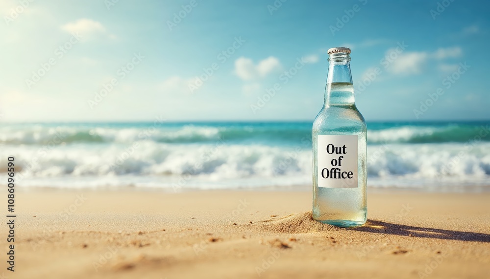 A glass bottle with 'Out of Office' written on it stands on a sunny beach with waves crashing in the background, symbolizing relaxation and escape. A glass bottle with 'Out of Office' written on it stands on a sunny beach with waves crashing in the background, symbolizing relaxation and escape.