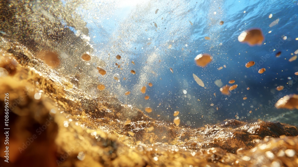 Mesmerizing 3D Render of Cambrian Ocean Floor during Geological Event with Swirling Sediment Clouds and Marine Life Adaptation Mesmerizing 3D Render of Cambrian Ocean Floor during Geological Event with Swirling Sediment Clouds and Marine Life Adaptation