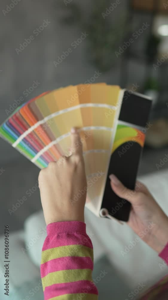 Back view of unknown woman hold yellow color palette at home