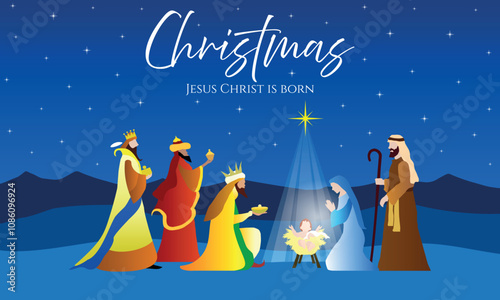 Christmas Nativity scene background. The Adoration of the Magi. Vector illustration.