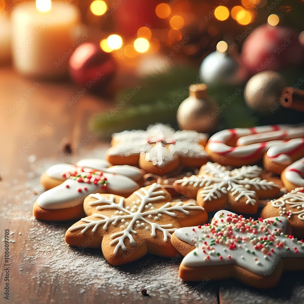 decorated holiday cookies arranged on a rustic wooden table against a background of twinkling lights decorated holiday cookies arranged on a rustic wooden table against a background of twinkling lights