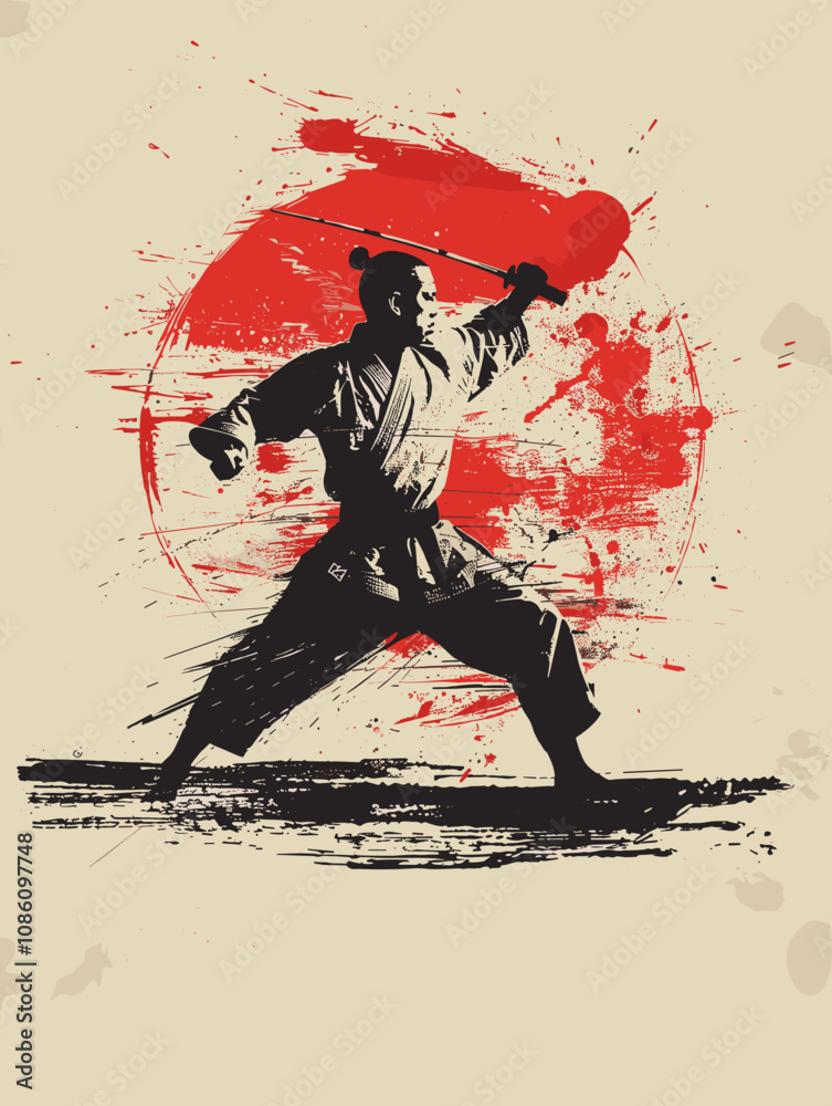 Man in a white karate uniform is holding a red object and is standing in front of a red circle Man in a white karate uniform is holding a red object and is standing in front of a red circle