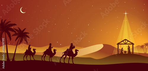 Christmas Nativity scene background. The Three Wise Men arrive at the hut. Desert setting at night. Vector illustration.