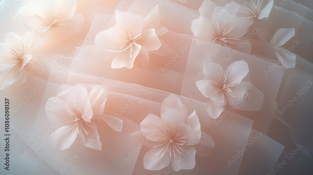 Delicate pink flowers arranged softly on a sheer background, creating an ethereal and dreamy atmosphere. Delicate pink flowers arranged softly on a sheer background, creating an ethereal and dreamy atmosphere.