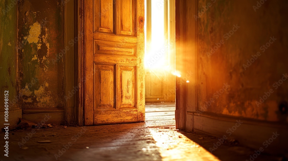 A half open door bathed in piercing light, creating a striking contrast and intriguing mystery A half open door bathed in piercing light, creating a striking contrast and intriguing mystery