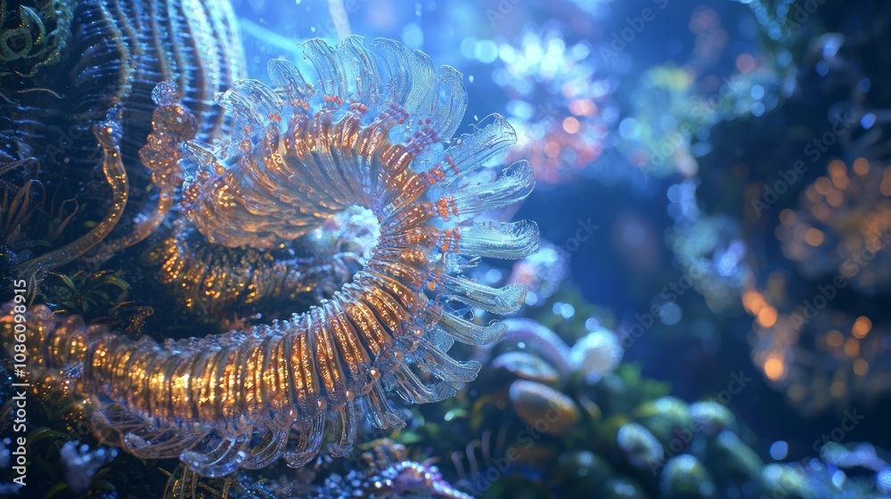 Fascinating Close-up 3D Render of Cambrian Echinoderm Amid Marine Life in Lush Underwater Habitat Fascinating Close-up 3D Render of Cambrian Echinoderm Amid Marine Life in Lush Underwater Habitat