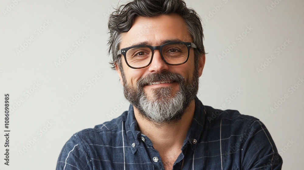 Happy middle-aged man with glasses and beard smiling. Happy middle-aged man with glasses and beard smiling.