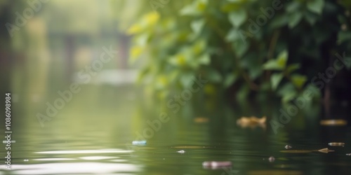 Blurred image of serene natural background featuring water and plants, scenic, abstract