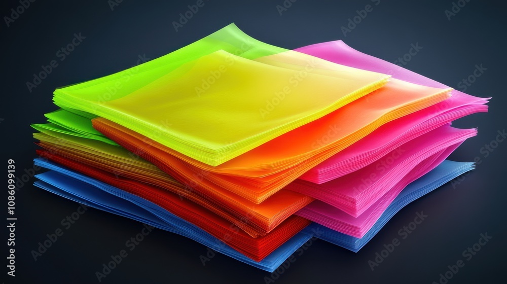 A vibrant stack of colorful translucent sheets in neon green, yellow, pink, orange, and blue, set against a dark backdrop. A vibrant stack of colorful translucent sheets in neon green, yellow, pink, orange, and blue, set against a dark backdrop.