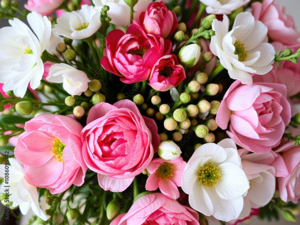Close-up of beautiful pink and white ranunculus flowers in full bloom, vibrant, petals Close-up of beautiful pink and white ranunculus flowers in full bloom, vibrant, petals