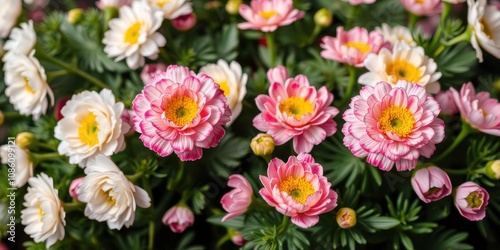 Close-up of beautiful pink and white ranunculus flowers in full bloom, festive, pink