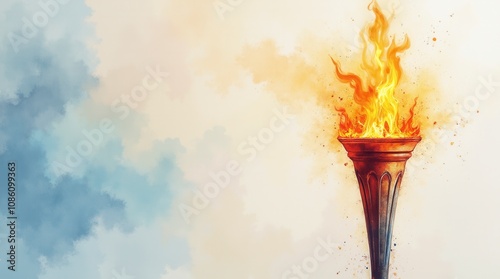 Watercolor Illustration of the Olympic Torch Symbolizing Medal Awards and Victory