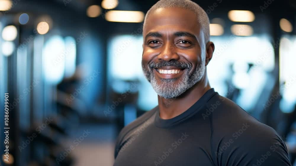 A fit senior black man with a gray beard stands in a gym, wearing activewear during daily workout session A fit senior black man with a gray beard stands in a gym, wearing activewear during daily workout session
