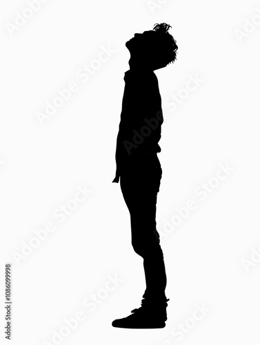 Man is standing in the middle of a white background. He is looking up, and his body is stretched out. The image has a sense of loneliness and emptiness, as the man is the only figure in the scene