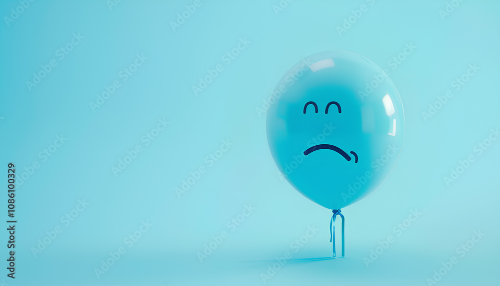 Blue balloon with sad face on light blue background Blue balloon with sad face on light blue background