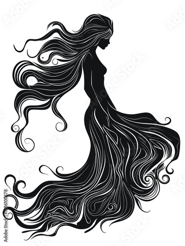 Woman with long hair is depicted in a black and white drawing. The image has a mysterious and ethereal quality, with the woman's long hair flowing behind her. Scene is one of elegance and grace