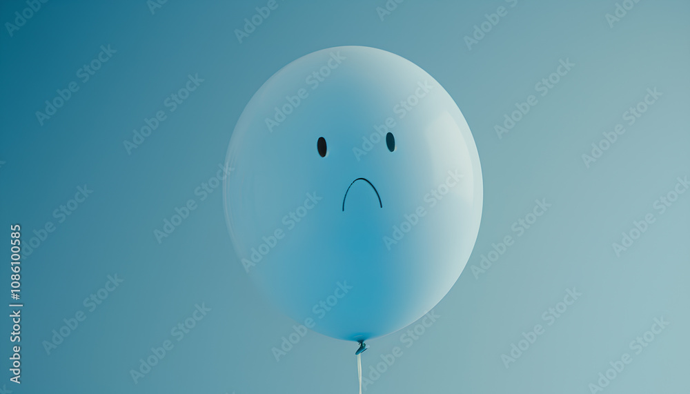 Blue balloon with sad face on light blue background Blue balloon with sad face on light blue background