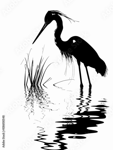 Black and white bird is standing in a body of water. The bird is a crane. The water is calm and still