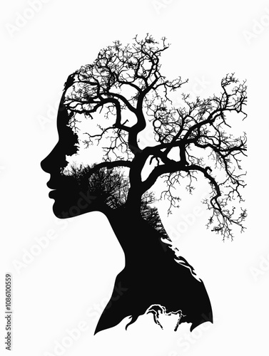 Woman's face is drawn in the shape of a tree trunk. The image has a moody and mysterious feel to it, as if the woman's face is being hidden by the tree