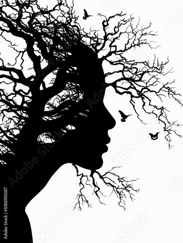 Woman's face is drawn in the shape of a tree trunk. The tree trunk is surrounded by branches and leaves, and there are birds flying around it. The image has a dreamy, ethereal quality to it
