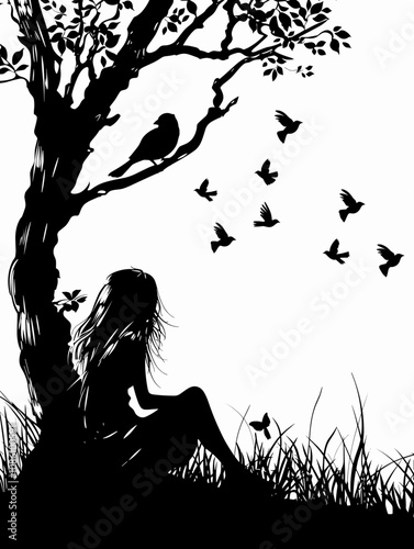 Woman sits under a tree with a bird on a branch. The woman is looking at the birds flying around her