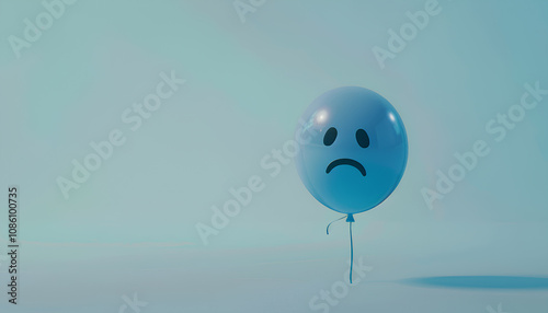 Blue balloon with sad face on light blue background