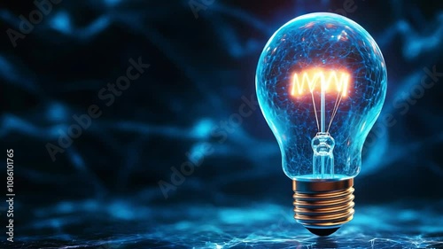 A digital lightbulb igniting on an abstract dark blue background, copy space. Concept of energy and light