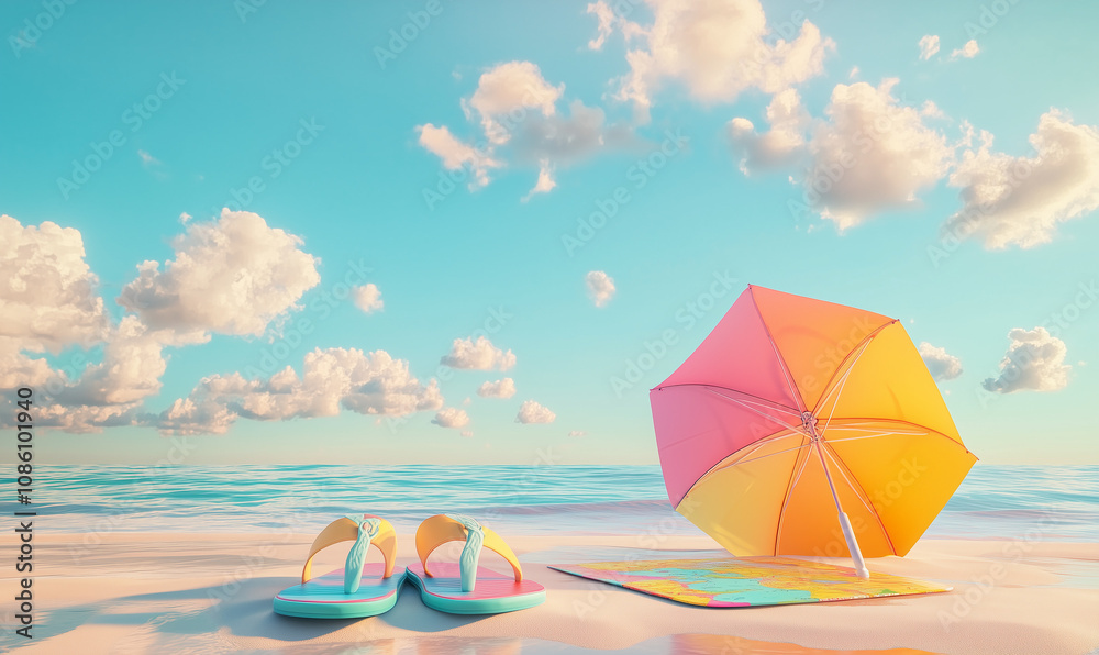 Colorful 3D Design of a Beach Umbrella, Flip-Flops, and a World Map with a Crystal-Clear Sky