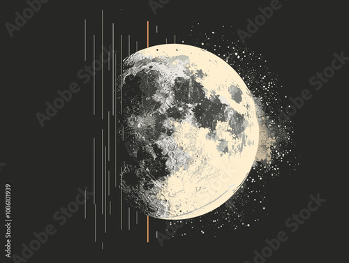 Close up of a moon with a black background. The moon is surrounded by a line of stars and a line of orange. The moon is the main focus of the image, and the stars