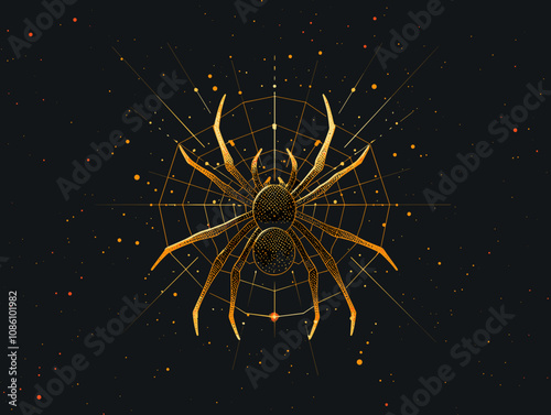 Spider is depicted in a gold and black color scheme. The spider is surrounded by a web of stars, which gives the image a dreamy and ethereal quality. The spider is the main focus of the image