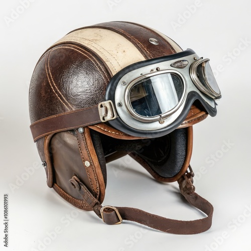 Vintage Motorcycle Helmet With Goggles on Display for Enthusiasts and Collectors. Generative AI photo