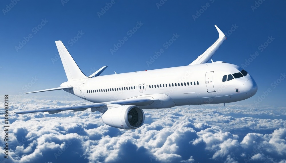 Modern Passenger Airplane Soaring Above a Sea of Fluffy White Clouds in a Bright Blue Sky Modern Passenger Airplane Soaring Above a Sea of Fluffy White Clouds in a Bright Blue Sky