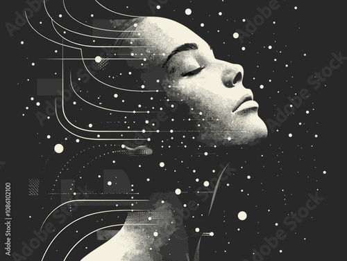 Woman's face is shown in a black and white photo with a lot of dots. The photo is abstract and has a dreamy, ethereal quality to it. The woman's face is the main focus of the image