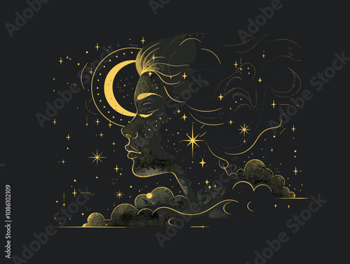 Woman's face is shown with a crescent moon in the background. The image has a dreamy, ethereal quality to it, with the woman's face and the moon creating a sense of mystery and wonder