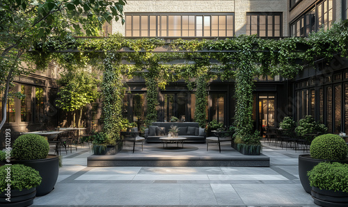 Modern Urban Square Adorned with Corner Boutiques and Cascading Ivy