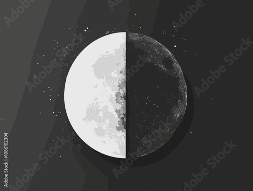 Black and white image of a moon with a white half moon. The image has a moody and mysterious feel to it